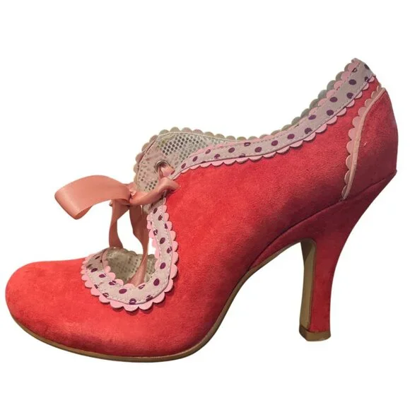 Poetic Licence London Lace Trim Red Suede Heels Pink-Bow Art Size EU 38 / US 7 - Picture 4 of 9
